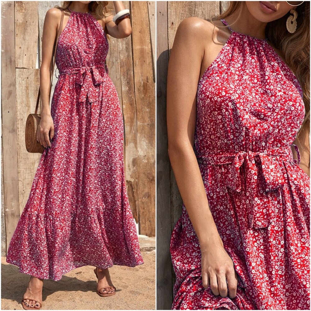 Boho Red Floral Print Ruffle Halter Maxi Dress - Picture 4 of 7